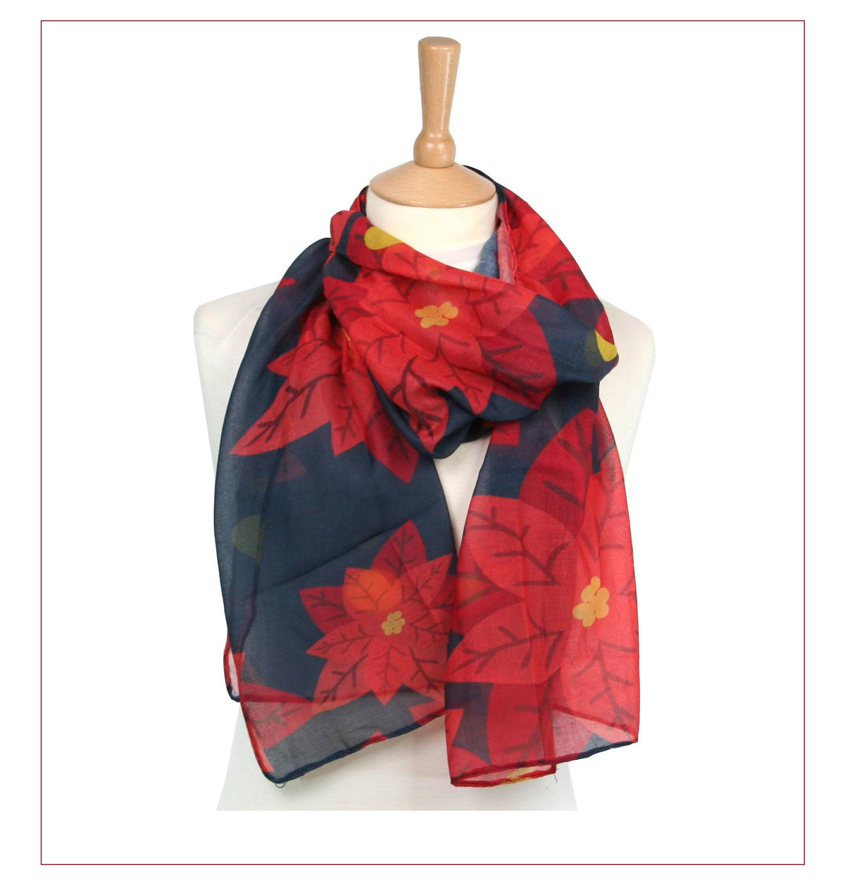 Black Ginger Poinsettia Navy & Red Floral Scarf
