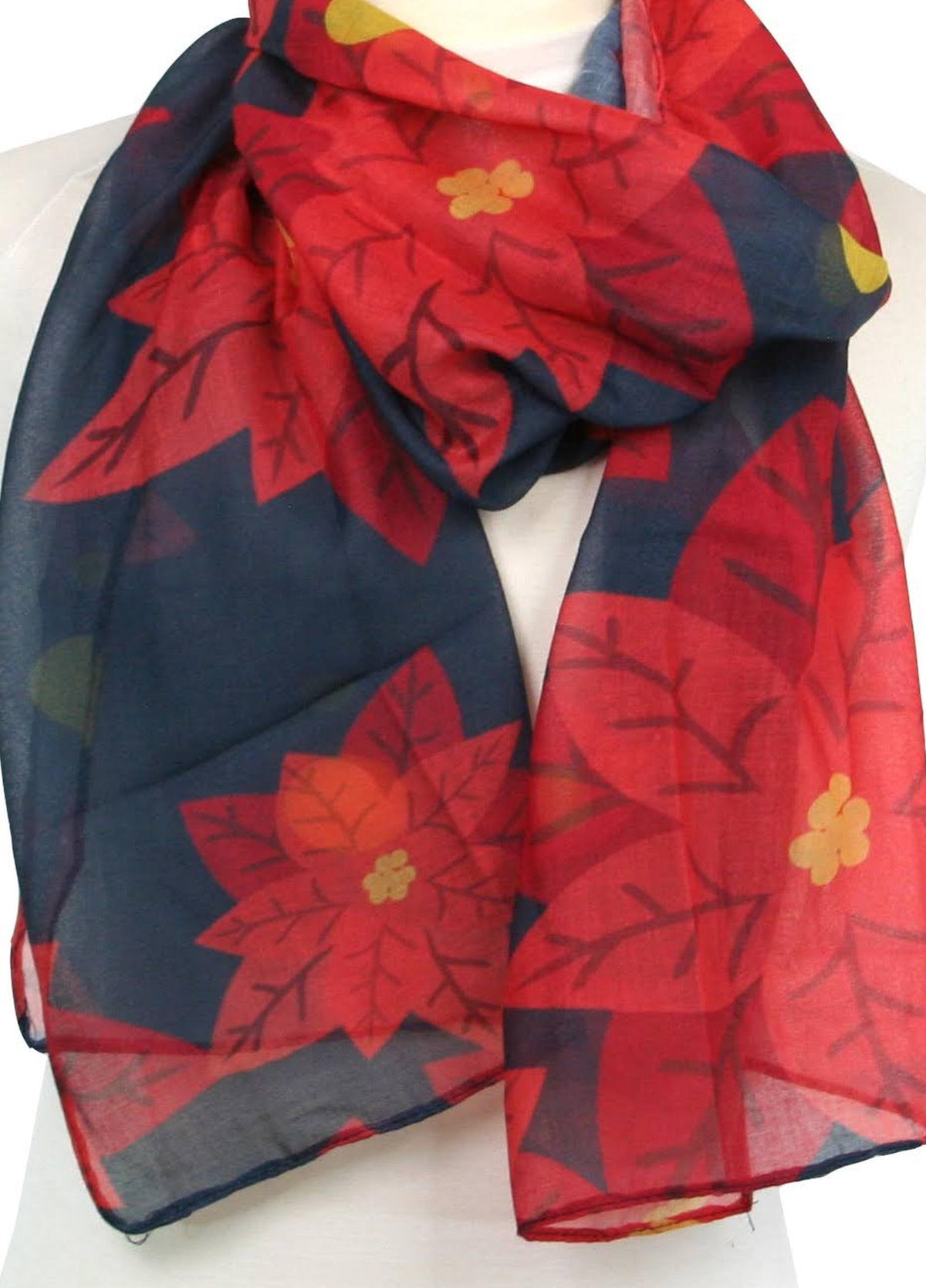Black Ginger Poinsettia Navy & Red Floral Scarf