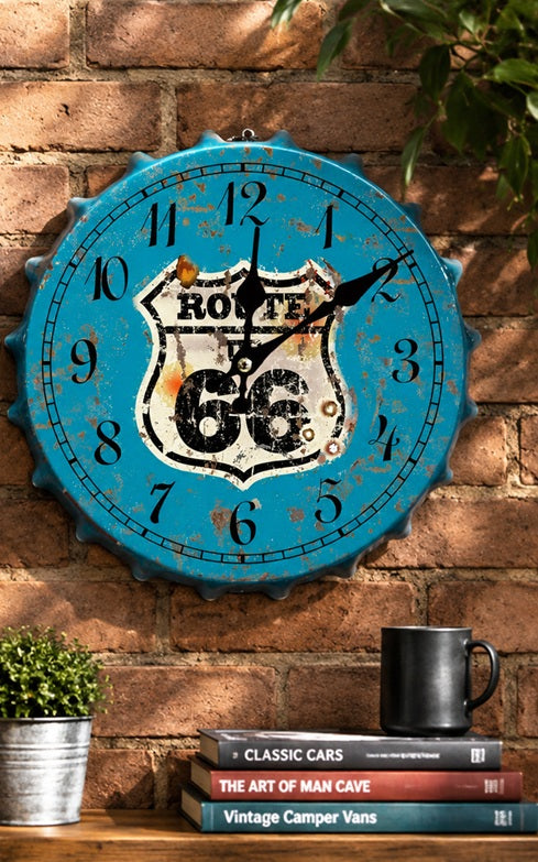 Vintage Retro Metal Bottle Cap Wall Clock - Route 66 Blue