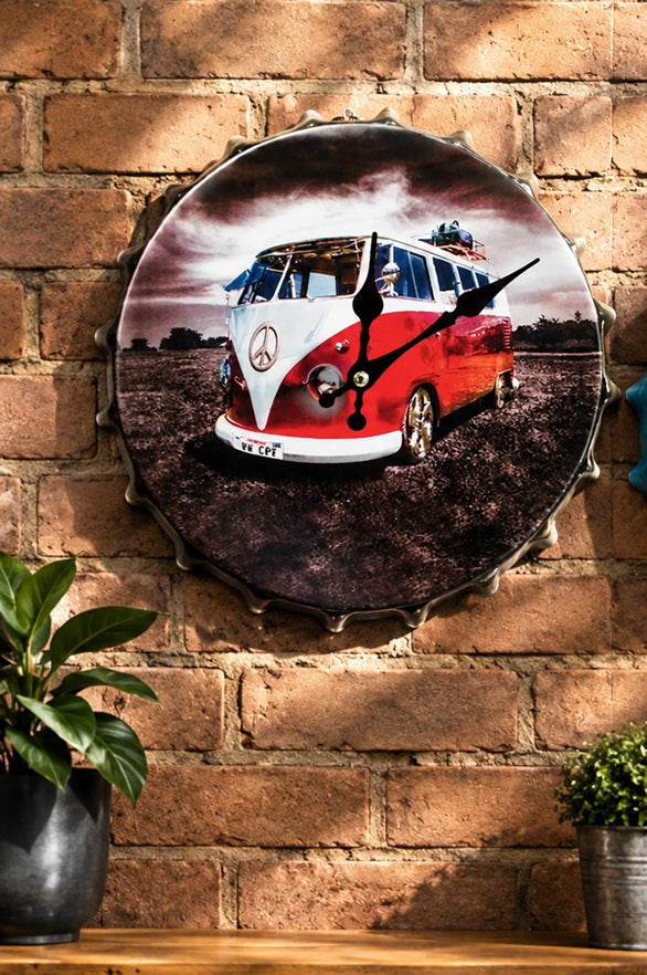 Vintage Retro Metal Bottle Cap Wall Clock - Camper Peace Van