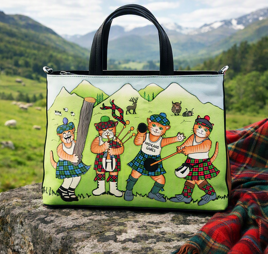 Mala Leather Highland Games Cats Multiway Grab Bag Black with Dust Bag