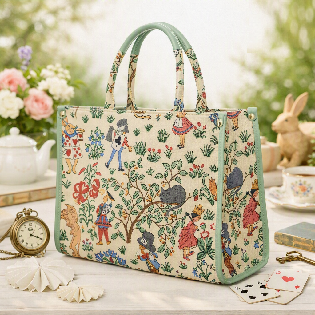 Signare Tapestry Alice in Wonderland City Convertible Large Grab Bag Cream Green