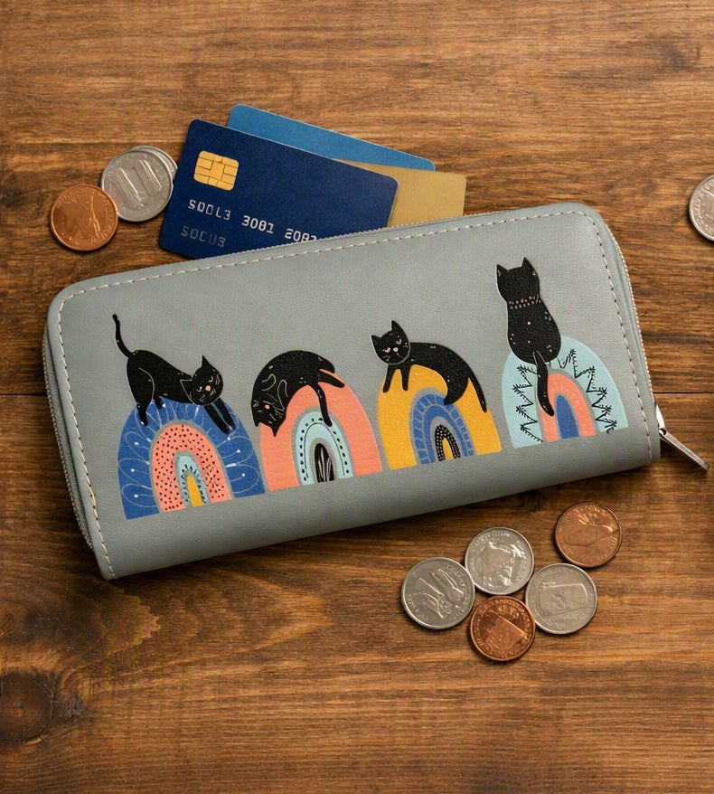 Black Ginger Cat on a Rainbow Large Zip Purse