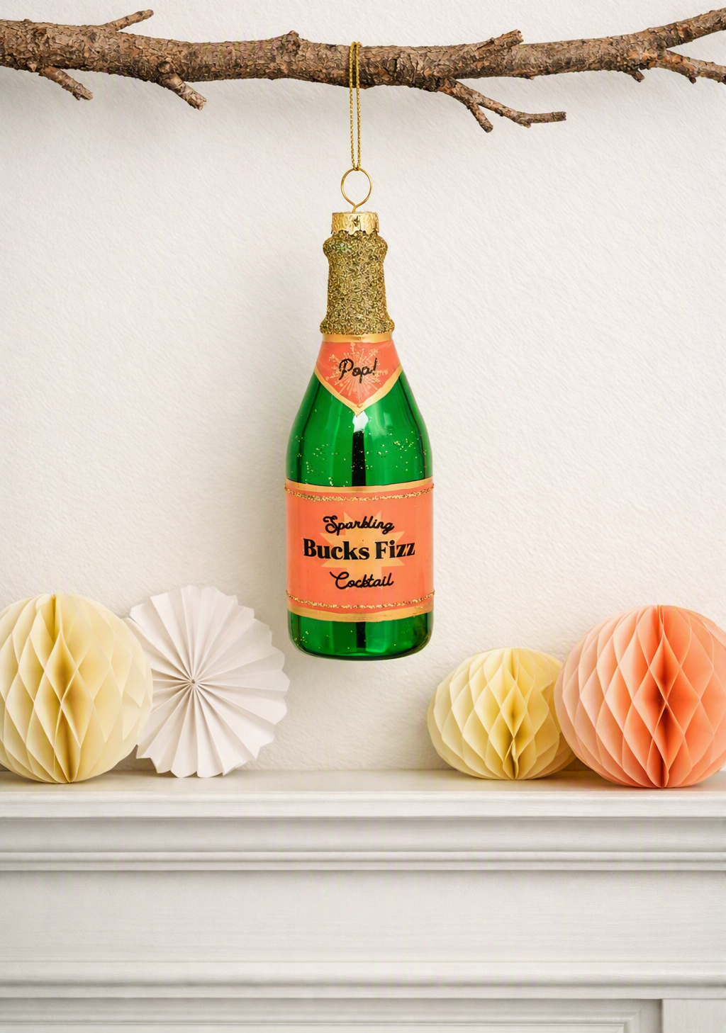 Sass & Belle Bucks Fizz Bottle Glass Bauble Christmas Tree Decoration