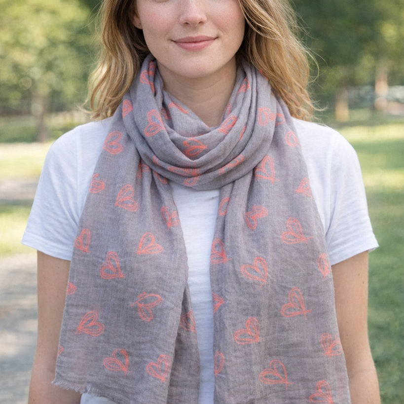 Black Ginger Aprica Grey Scarf with Pink Hearts