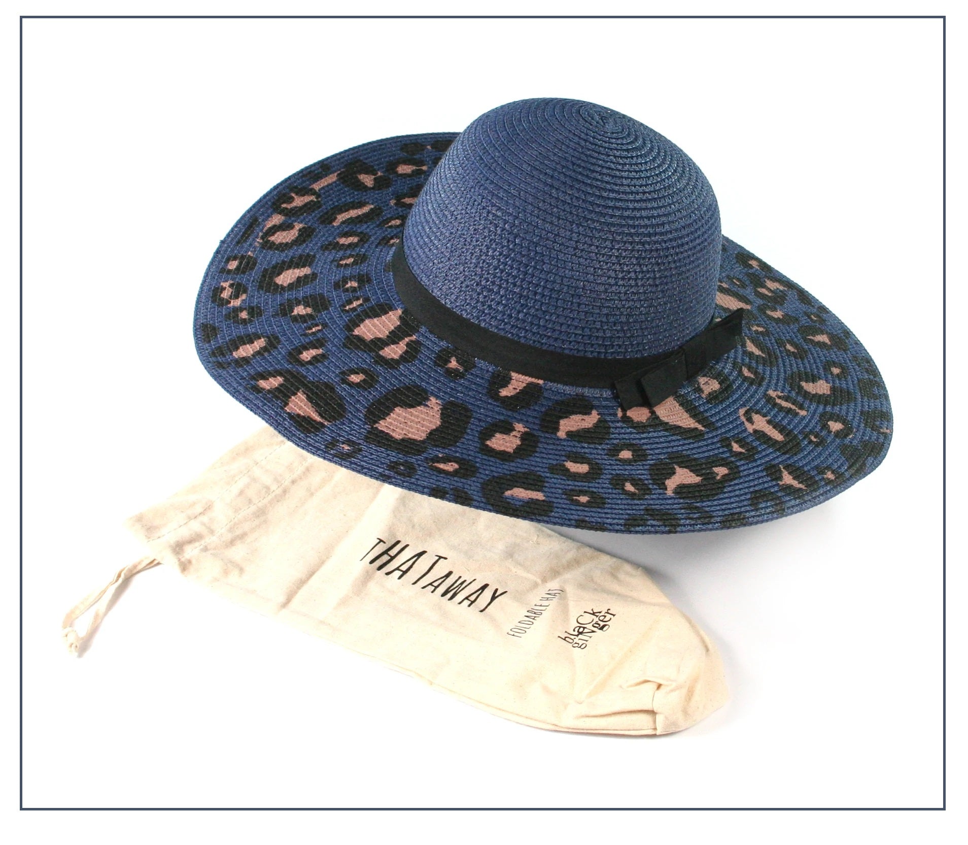 Black Ginger Foldable Wide Brim Sun Hat Animal Print Blue & Brown with Travel Bag