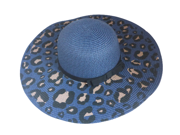Black Ginger Foldable Wide Brim Sun Hat Animal Print Blue & Brown with Travel Bag