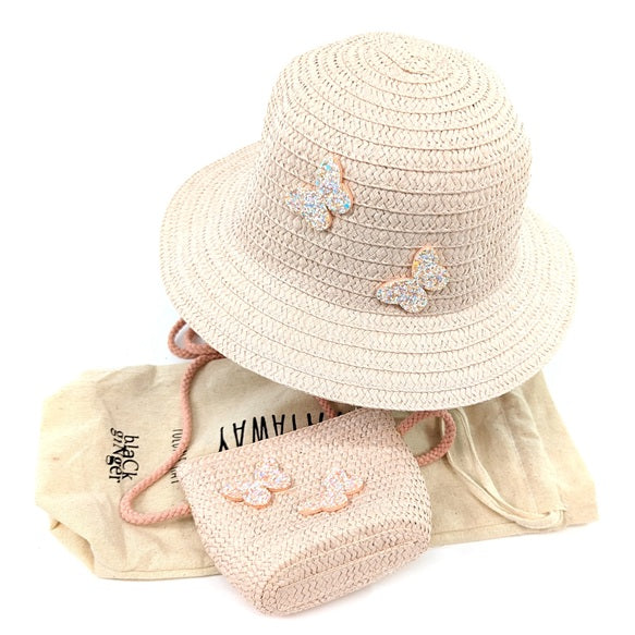 Black Ginger Children's Pink Butterfly Foldable Sun Hat & Bag Set