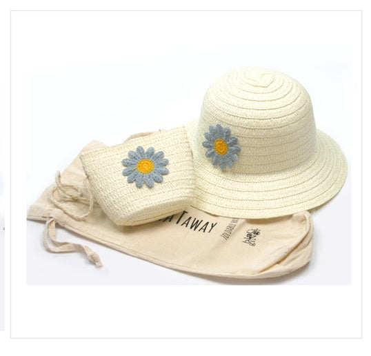 Black Ginger Children's Cream Blue Flower Sun Hat with Matching Bag & Travel Pouch