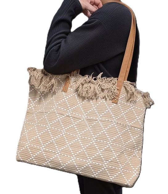 Black Ginger Large Tasselled Tote Bag – Diamond Weave Beach & Shopper Bag