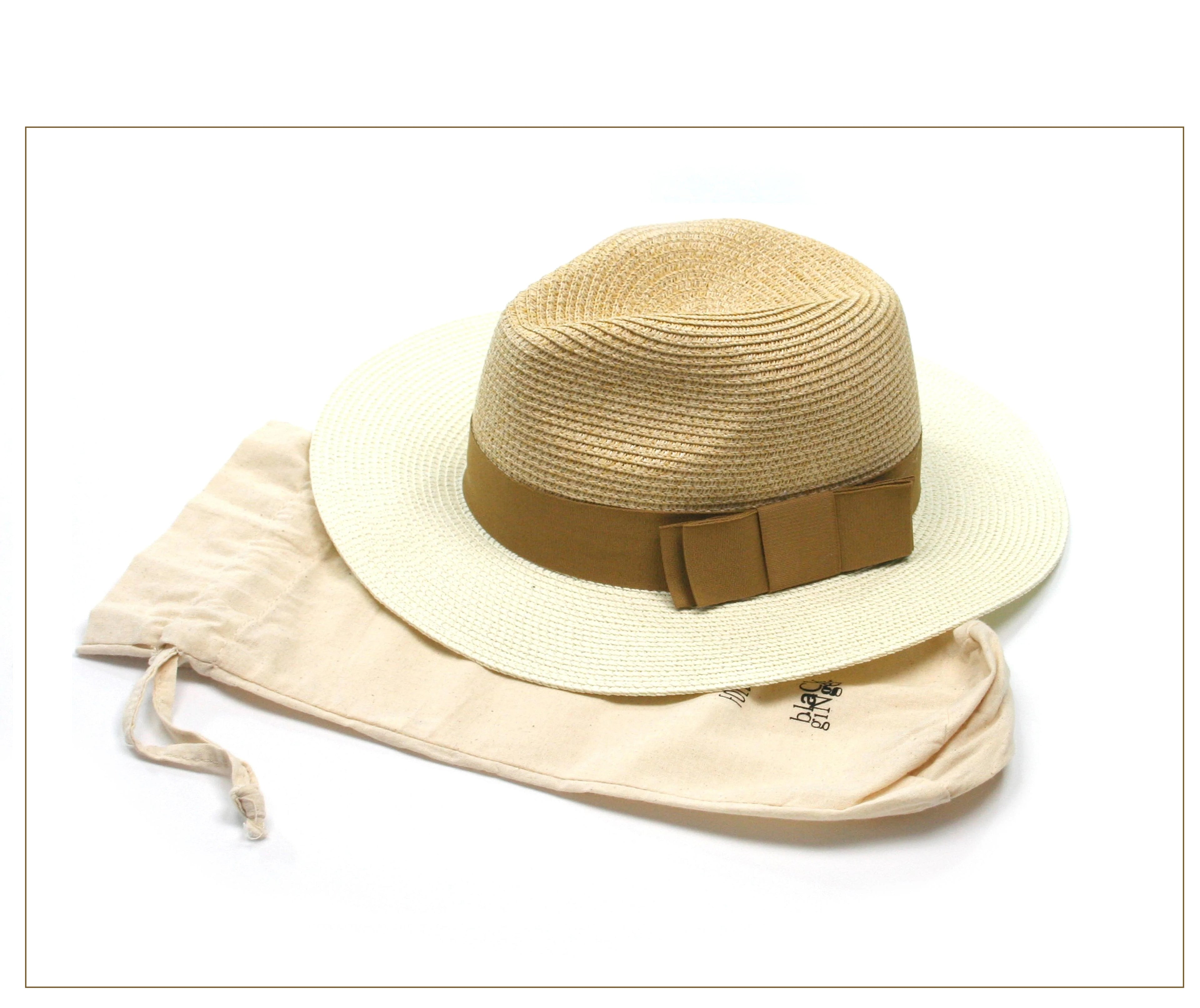Black Ginger Foldable Panama Sun Hat | Cream & Yellow with Brown Band + Travel Bag
