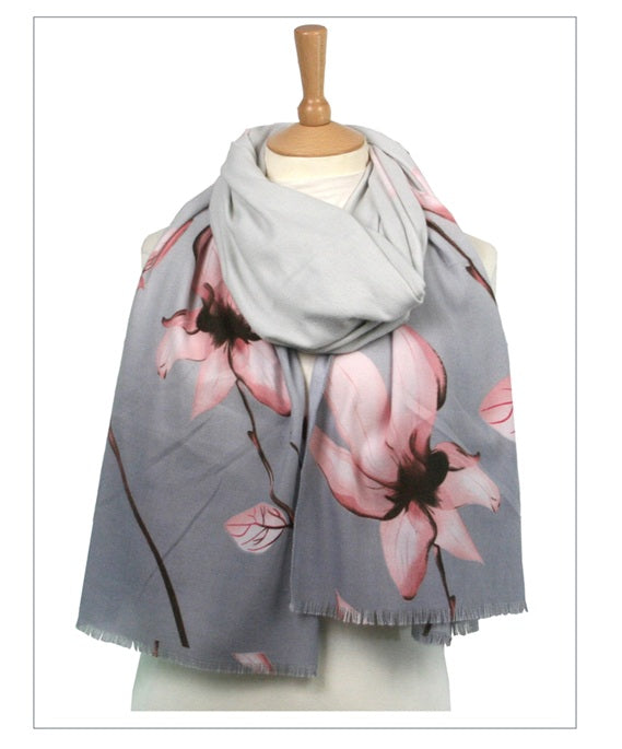 Black Ginger Magnolia Pashmina Style Scarf Grey & Pink 180cm x 70cm