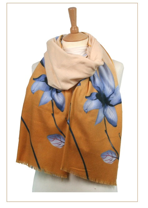 Black Ginger Magnolia Pashmina Style Scarf Mustard & Grey 180cm x 70cm