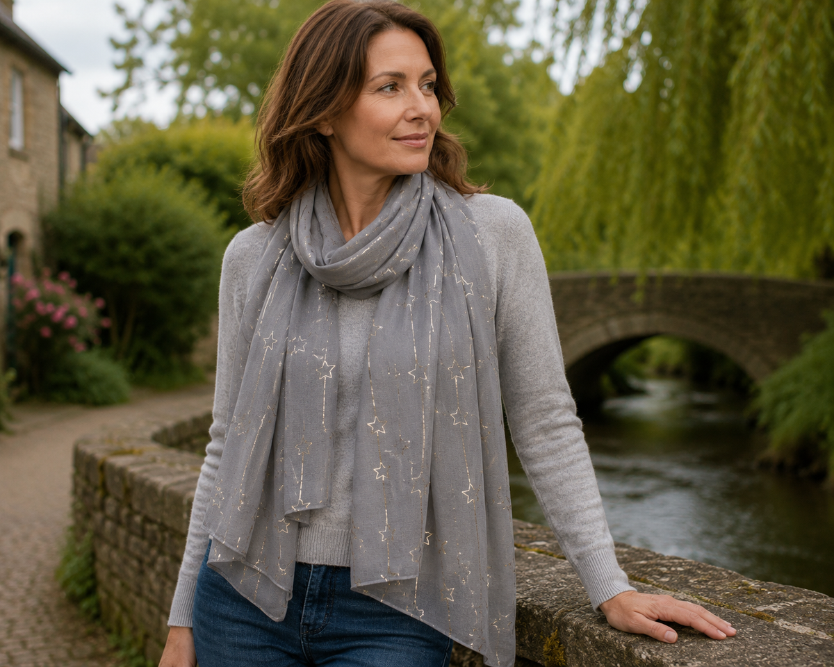 Black Ginger Star Line Grey Scarf with Silver Stars