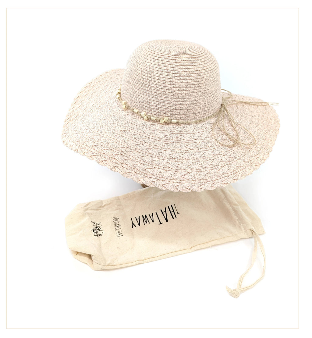 Black Ginger Foldable Wide Brim Sun Hat Beaded Pink with Bow & Travel Bag