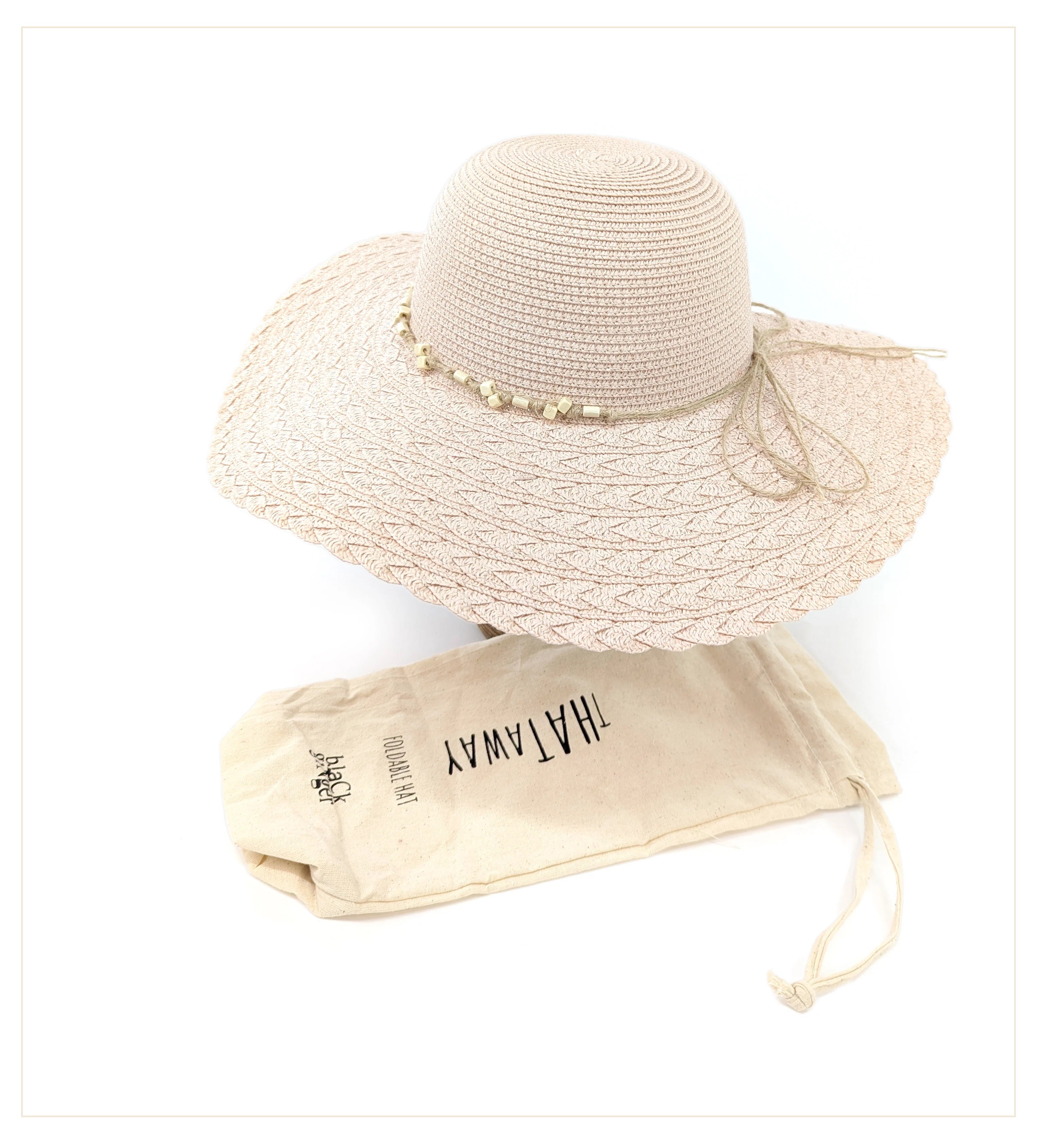 Black Ginger Foldable Wide Brim Sun Hat Beaded Pink with Bow & Travel Bag