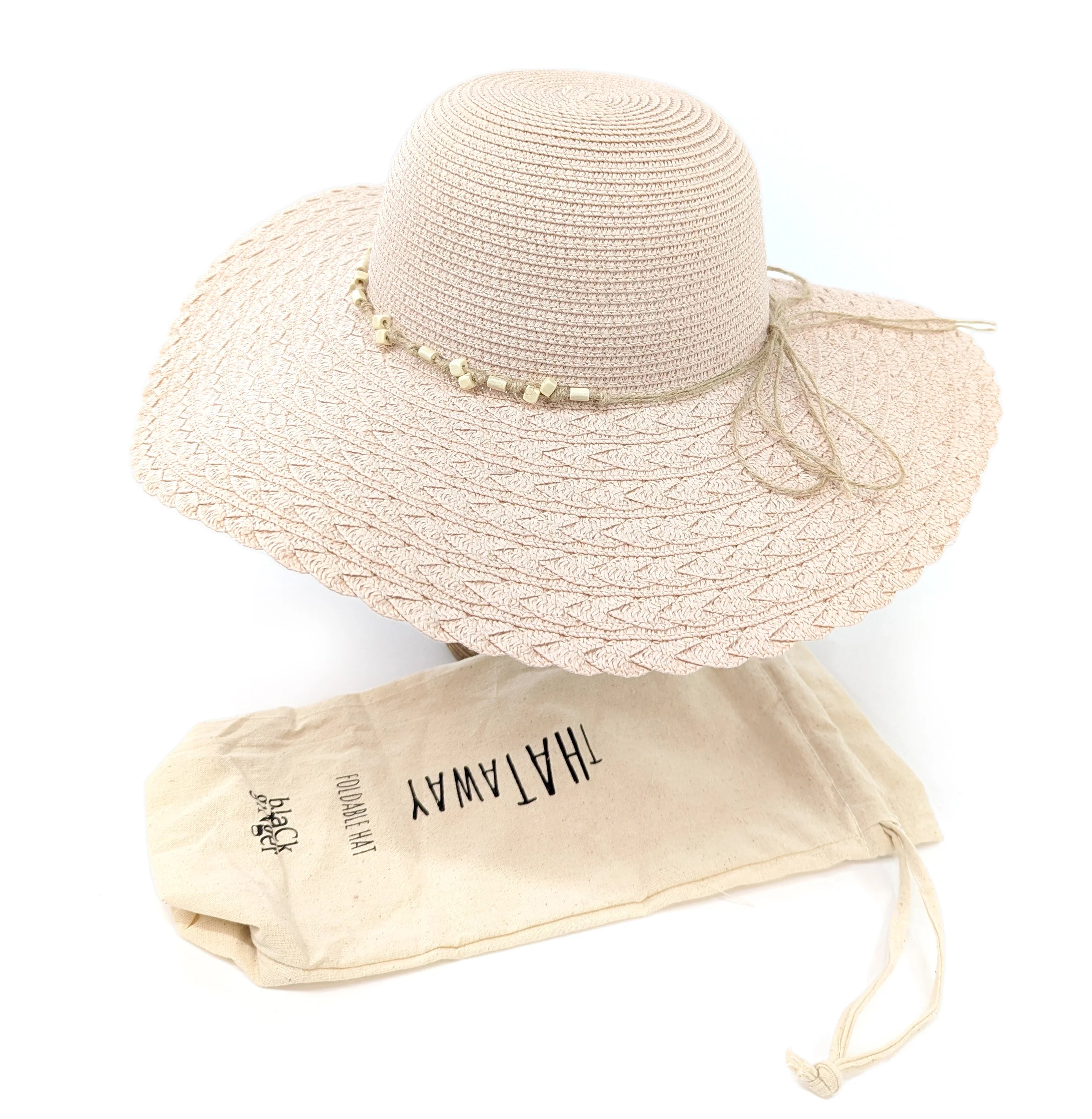Black Ginger Foldable Wide Brim Sun Hat Beaded Pink with Bow & Travel Bag