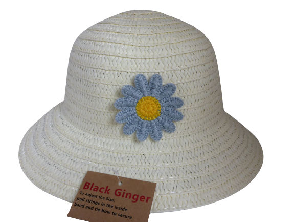 Black Ginger Children's Cream Blue Flower Sun Hat with Matching Bag & Travel Pouch