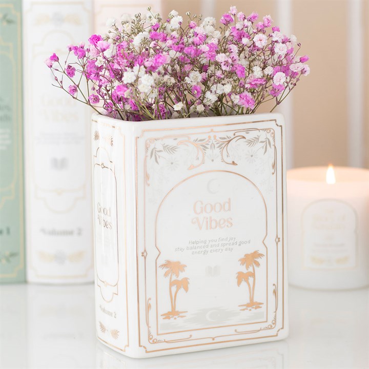 Something Different Book Club Good Vibes White Ceramic Book Shaped Flower Vase