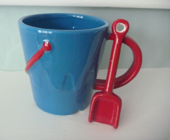 Sandcastle Bucket & Spade Shaped Mug and Spoon Set Blue Red | Pastel Pier | Something Different (Copy)