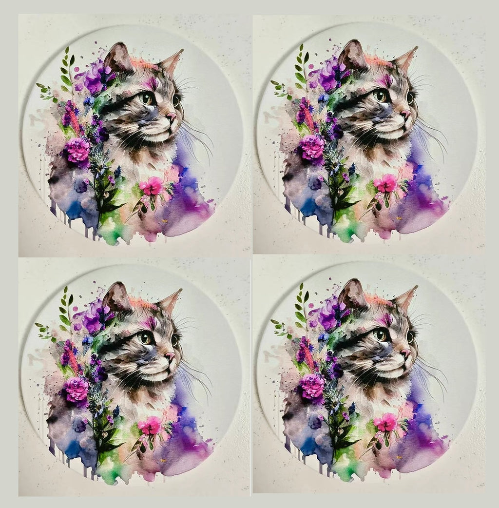 Kozzy Rainbow Animal Ceramic Coasters Set of 4 | Watercolour Cat Purple & Blue