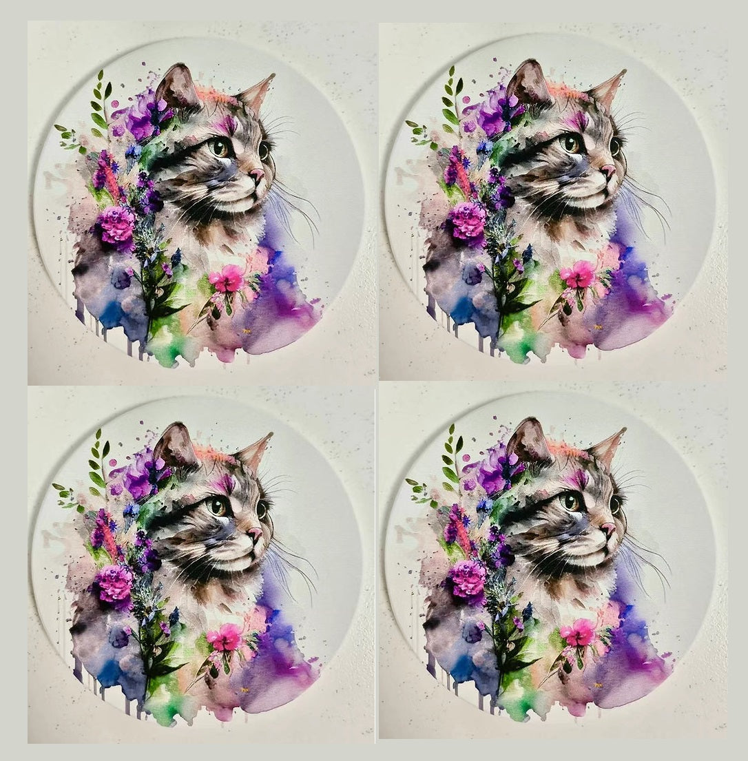 Kozzy Rainbow Animal Ceramic Coasters Set of 4 | Watercolour Cat Purple & Blue