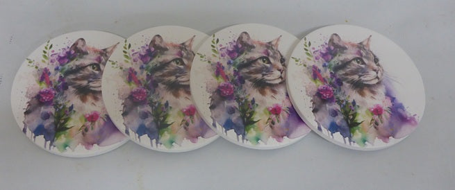 Kozzy Rainbow Animal Ceramic Coasters Set of 4 | Watercolour Cat Purple & Blue