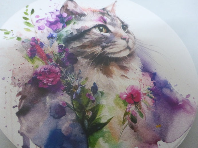 Kozzy Rainbow Animal Ceramic Coasters Set of 4 | Watercolour Cat Purple & Blue