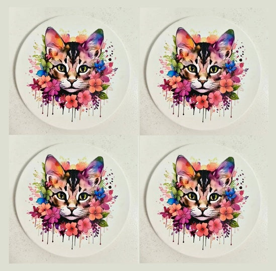 Kozzy Rainbow Animal Ceramic Coasters Set of 4 | Watercolour Kitten Pink & Orange