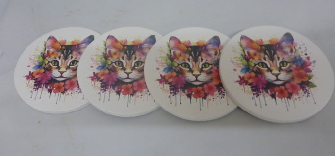 Kozzy Rainbow Animal Ceramic Coasters Set of 4 | Watercolour Kitten Pink & Orange