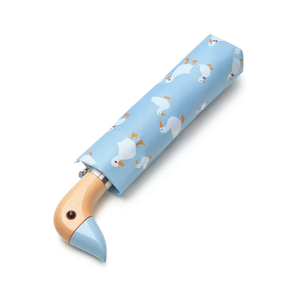 Fulton Curio Blue Duck Print Compact Umbrella with Wooden Duck Head Handle