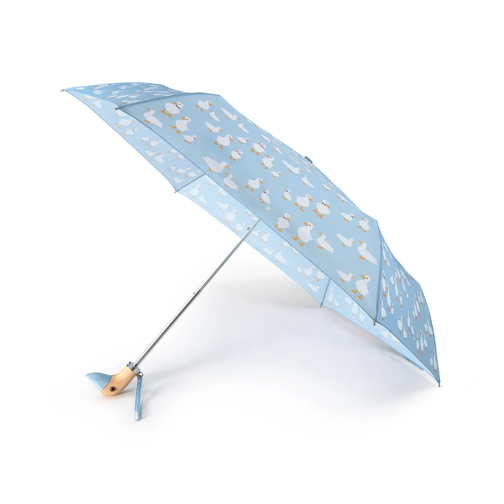 Fulton Curio Blue Duck Print Compact Umbrella with Wooden Duck Head Handle