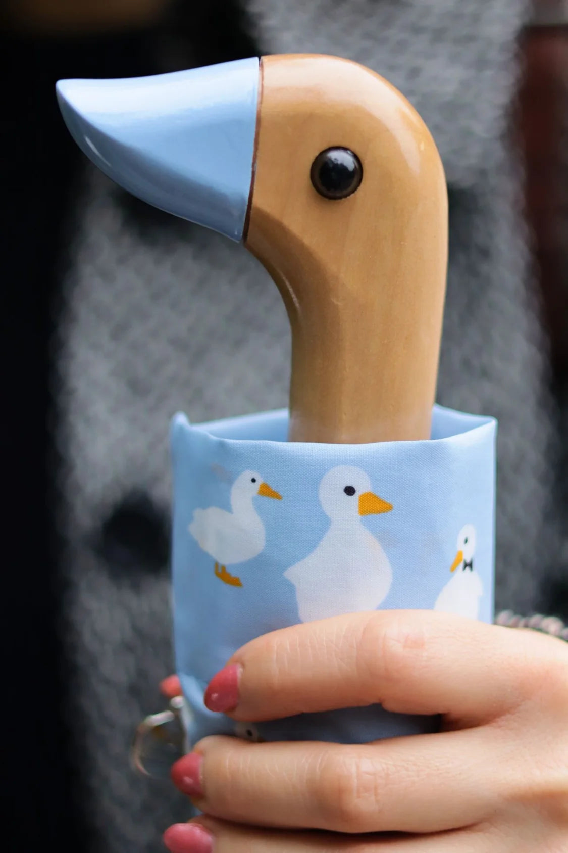 Fulton Curio Blue Duck Print Compact Umbrella with Wooden Duck Head Handle