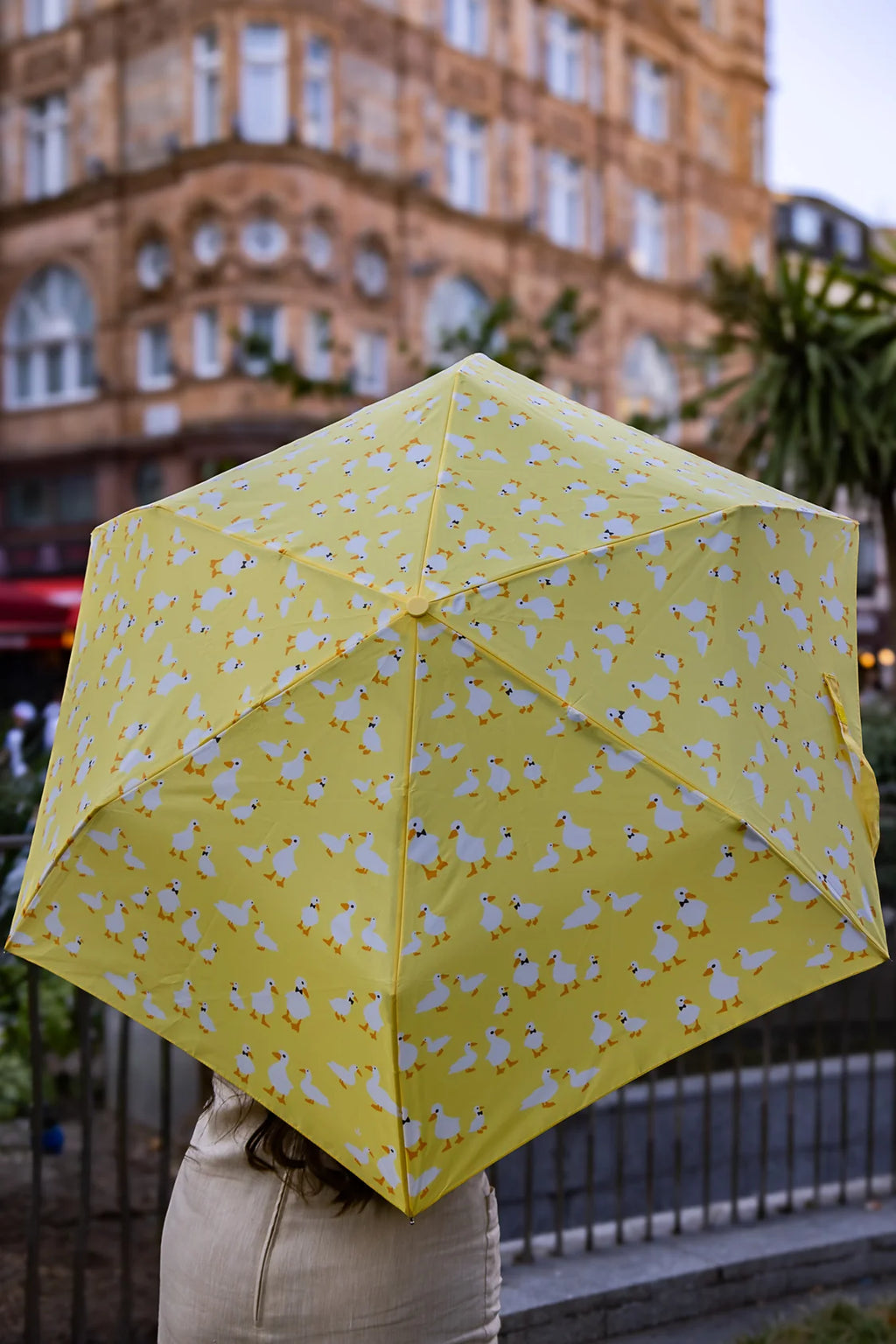 Fulton Curio Yellow Duck Print Compact Umbrella with Wooden Duck Head Handle