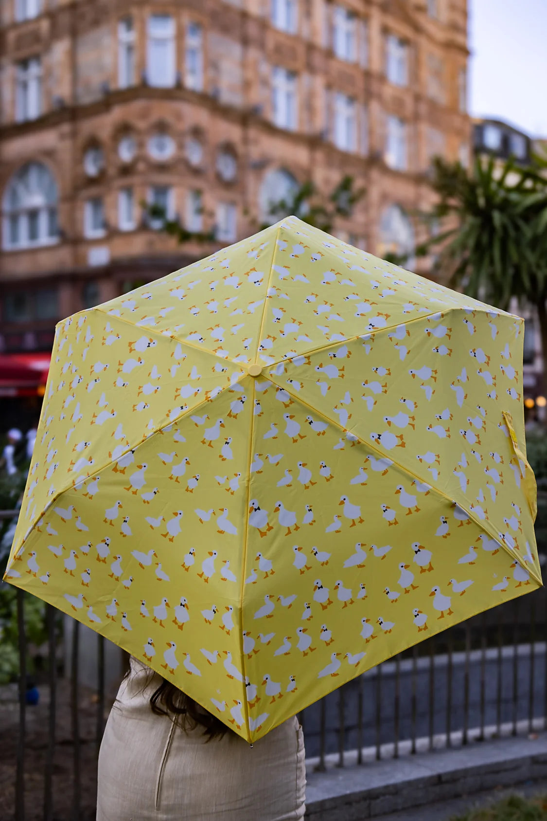 Fulton Curio Yellow Duck Print Compact Umbrella with Wooden Duck Head Handle