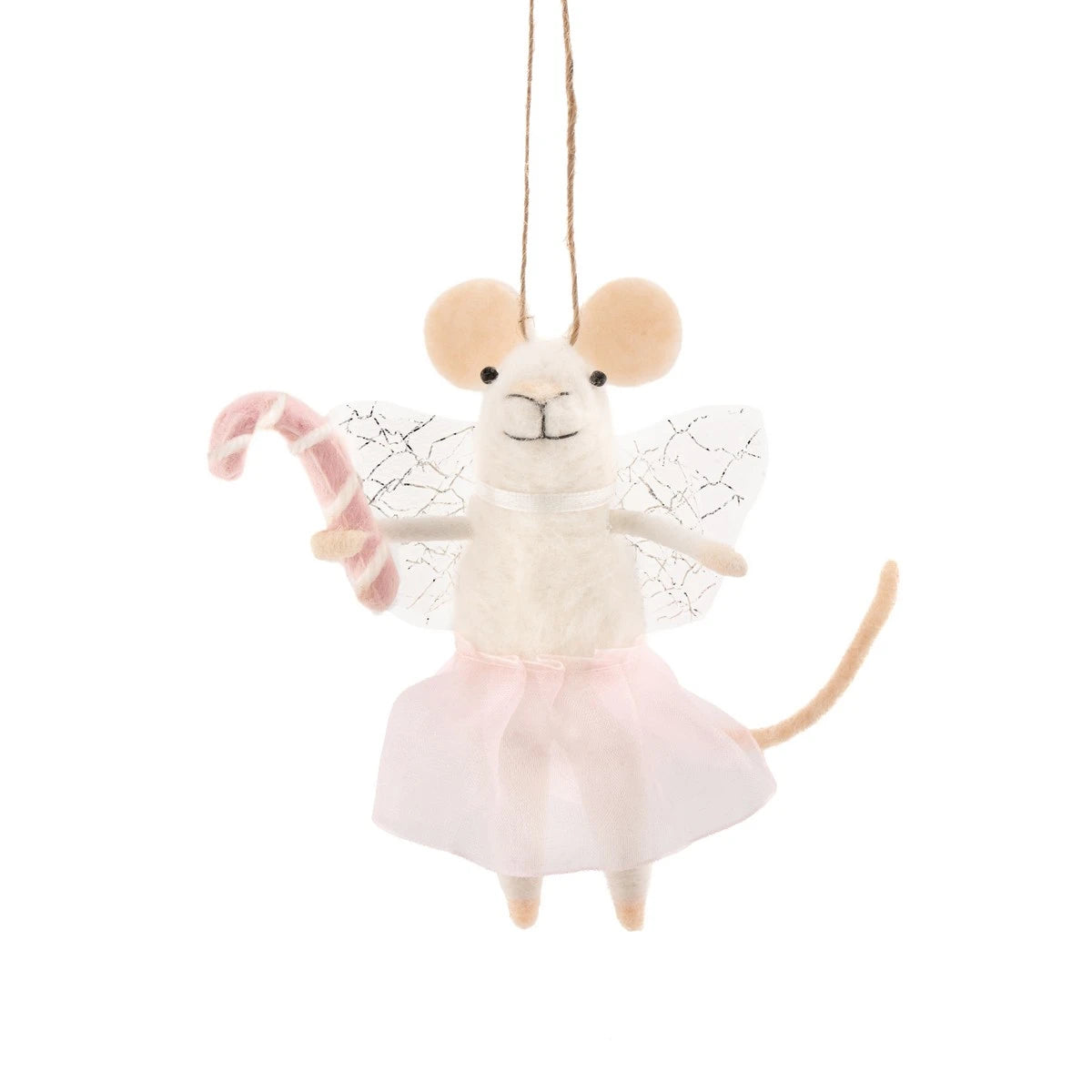 Sass & Belle Felt Mouse Hanging Christmas Tree Decoration - Fairy with Candy Cane