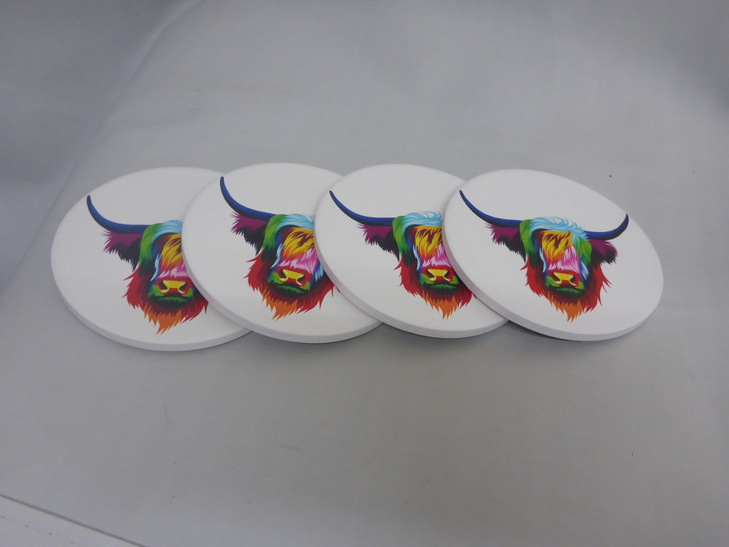 Kozzy Rainbow Animal Ceramic Coasters Set of 4 | Pop Art Highland Cow