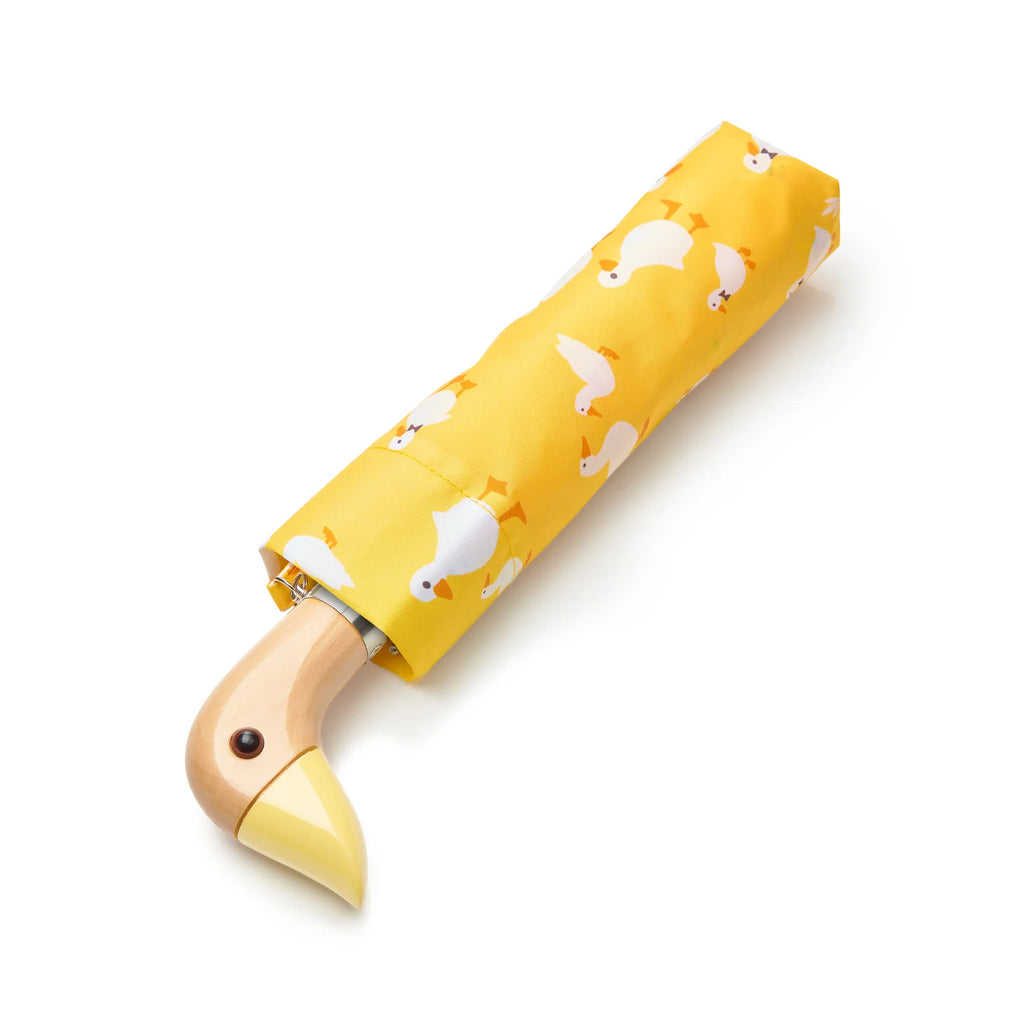 Fulton Curio Yellow Duck Print Compact Umbrella with Wooden Duck Head Handle