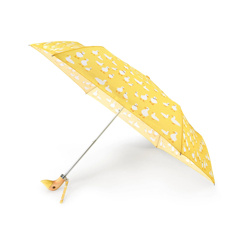 Fulton Curio Yellow Duck Print Compact Umbrella with Wooden Duck Head Handle