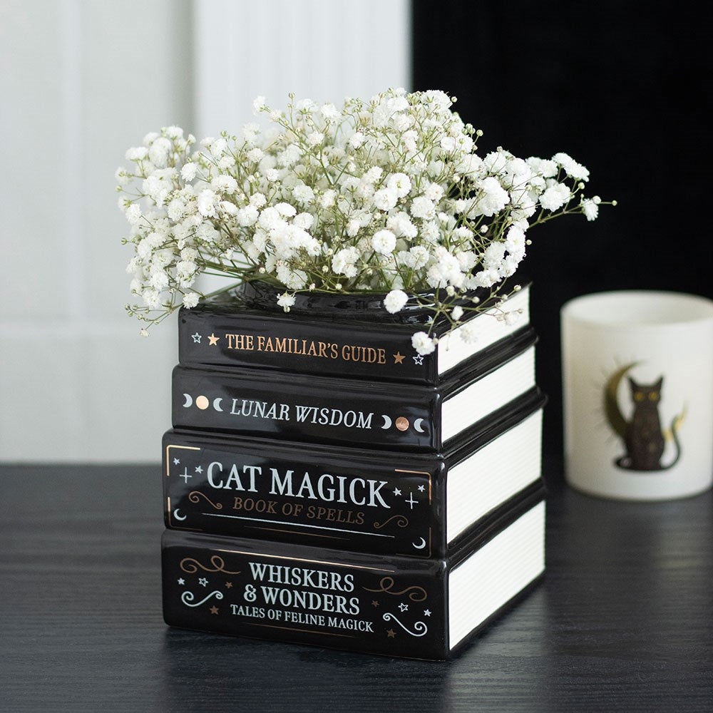 Black Cat Magick Stacked Books Shaped Flower Vase | Spirit of Equinox
