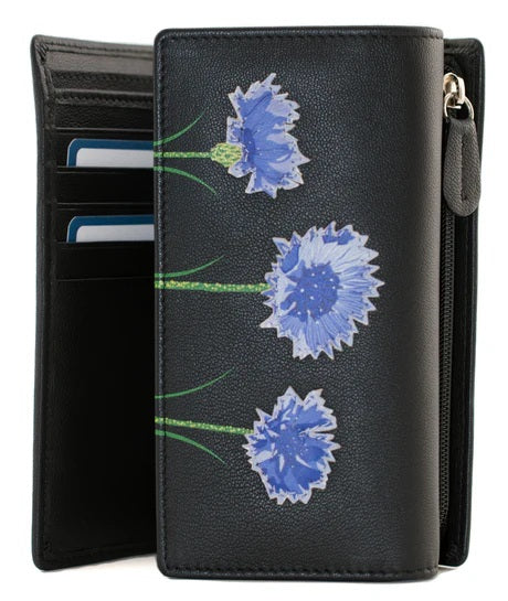 Mala Leather Tri Fold Purse Amana Cornflower Black with Dust Bag