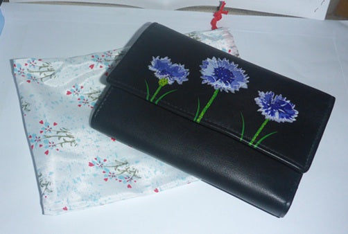 Mala Leather Tri Fold Purse Amana Cornflower Black with Dust Bag