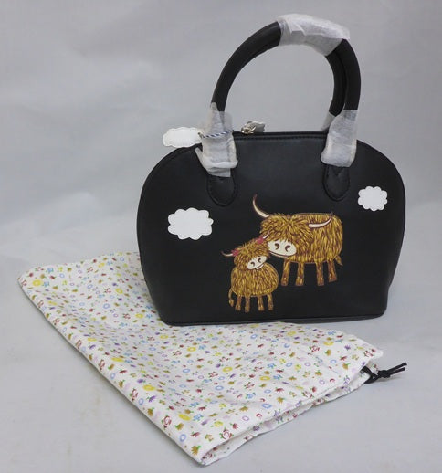 Mala Leather Bella Highland Cow Round Grab Bag Black with Dust Bag