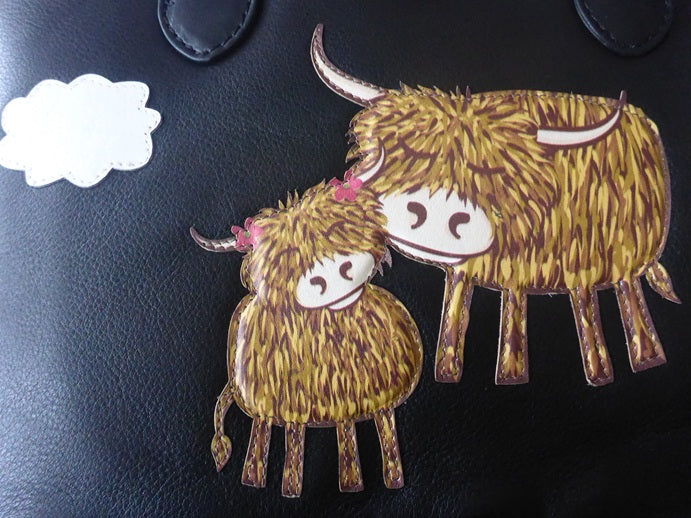 Mala Leather Bella Highland Cow Round Grab Bag Black with Dust Bag