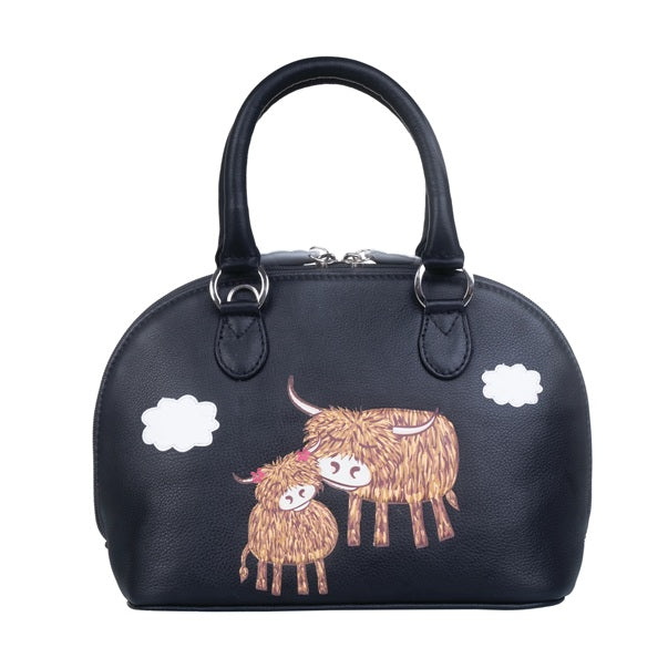 Mala Leather Bella Highland Cow Round Grab Bag Black with Dust Bag