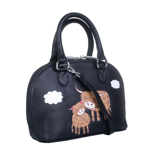 Mala Leather Bella Highland Cow Round Grab Bag Black with Dust Bag