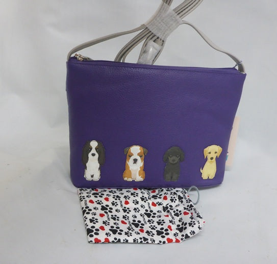 Mala Leather Best Friends Dogs Purple Midi Crossbody Bag