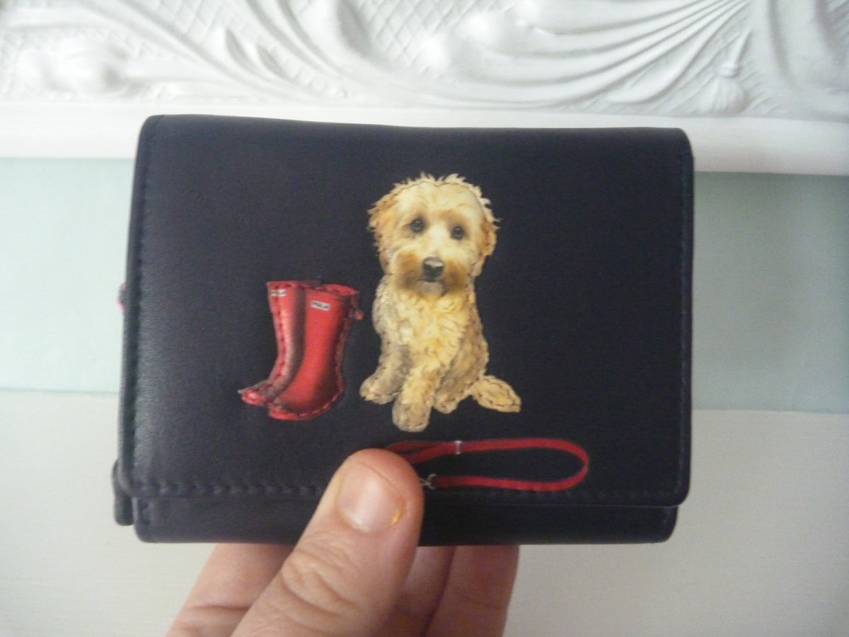 Mala Leather Navy Coco’s Walk Cockerpoo Medium Tri Fold Purse