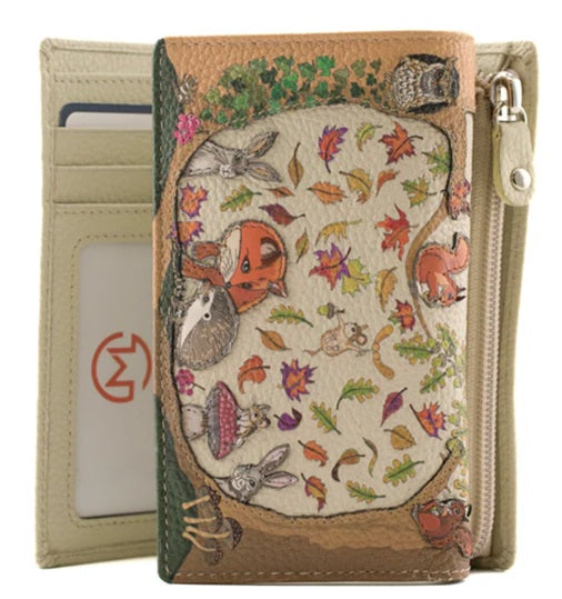Mala Leather Tri Fold Purse Foxglove Forest with Dust Bag