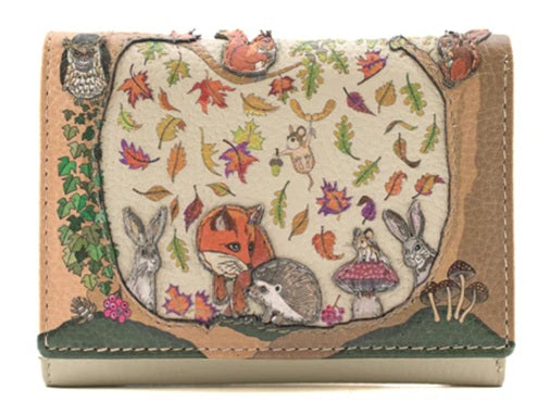 Mala Leather Compact Tri Fold Purse Foxglove Forest with Dust Bag